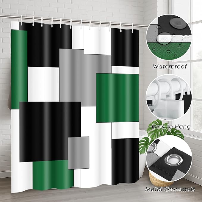Bathroom Sets with Shower Curtain and Rugs, 4 Pcs, Geometric Green | Checkered Abstract Bathroom Decor Set with Toilet Lid Cover, Non-Slip Bath Mats and Accessories 12 Hooks