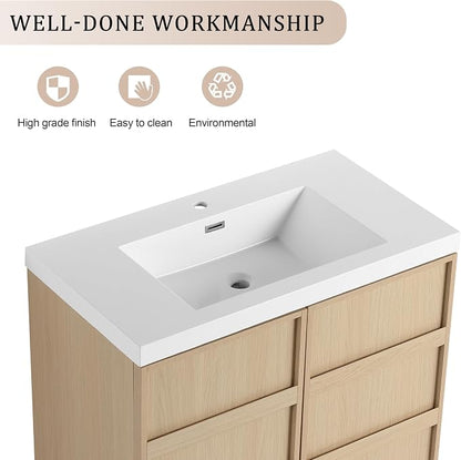36-Inch Bathroom Vanity with Sink Mid-Century Bathroom Vanities with Top Basin Floor Wood Bathroom Sink Cabinet with Soft-Close Doors & Adjustable Storage Shelves (Oak)