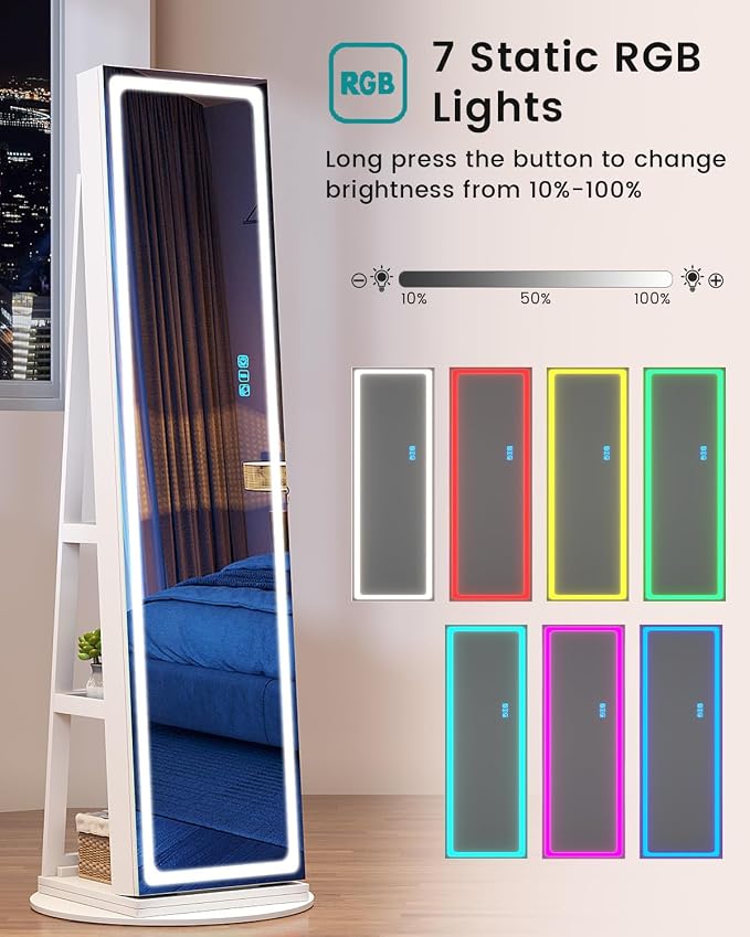 Vlskra Mirror Jewelry Cabinet Standing with Full Length LED Mirror, White | Lockable Jewelry Armoire with 14 RGB Color Modes, Rotating Jewelry Organizer with Dustproof Lock, Gift Idea for Women, Girls