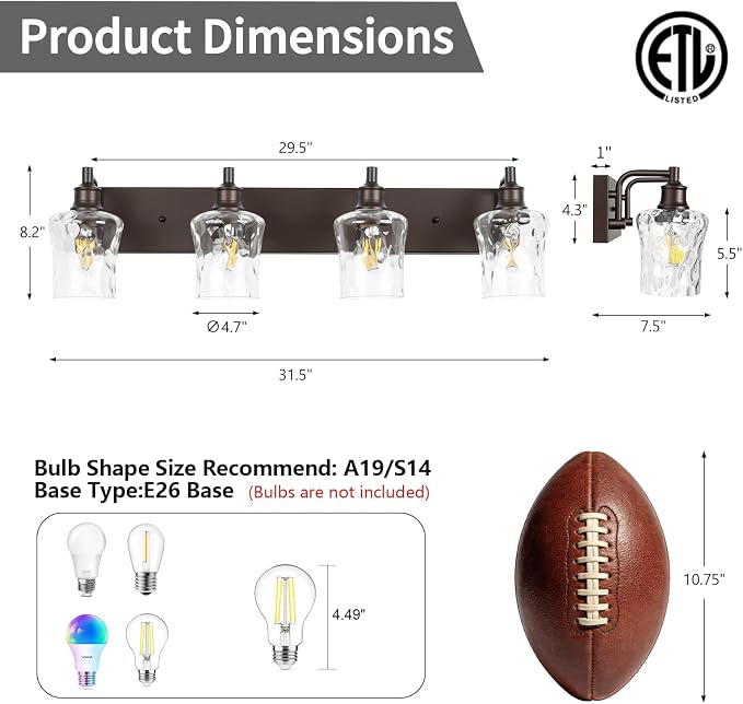Bathroom Light Fixtures Farmhouse Oil Rubbed Bronze Vanity Lights for Bathroom Lighting Fixtures Over Mirror with Hammered Glass Lampshade for Cabinet Mirror Bedroom Hallway 4 Light
