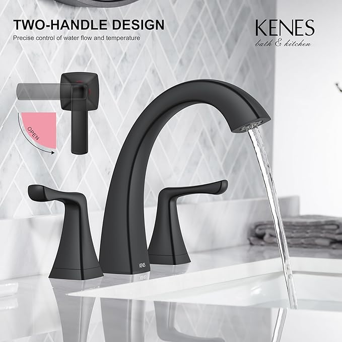 KENES Black Bathroom Faucets for Sink 3 Hole, Matte Black 8 Inch 2 Handle Widespread Bathroom Faucet, Bathroom Vanity Faucet with Pop Up Drain & Supply Lines, LJ-9075-2