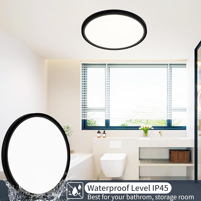 16 Inch Flush Mount Ceiling Light, 28W Dimmable LED Fixture 2800LM, 3000K/4500K/6000K Adjustable, Round Ceiling Lamp for Bedroom, Kitchen, Living Room, Dining Room, Bathroom, Black