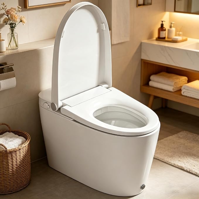 R&T W5203-2 Tankless Smart Toilet Touchless Auto Flush 1.1/1.6 GPF Dual Flush, Battery-Operated One-Piece Intelligent Toilet for Bathroom, Foot Kick & Manual, Non-Electric Bidet