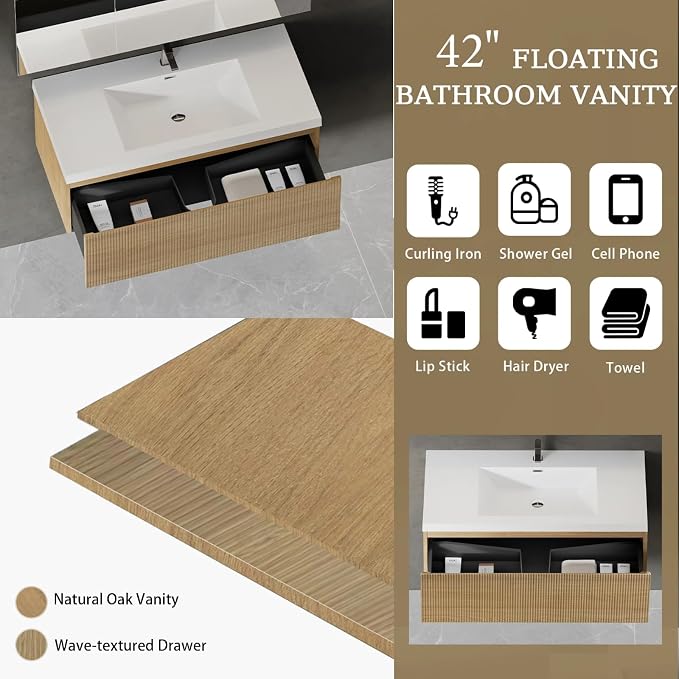 Floating Bathroom Vanity, 42" Wall Mounted Bathroom Cabinet with Glossy White Stone Resin Sink & U-Shaped Soft-Close Drawer, Pre-Assembled Striped Storage Vanity for Bathroom, Natural Wood