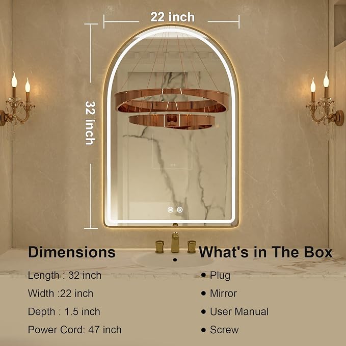 Arched LED Bathroom Mirror, 22"x32" Gold Aluminum Frame Bathroom Mirror with Lights, Lighted Vanity Mirror for Wall, Anti-Fog, Stepless Dimmable, 3 Color Temperature Vanity Mirror