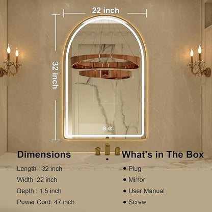 Arched LED Bathroom Mirror, 22"x32" Gold Aluminum Frame Bathroom Mirror with Lights, Lighted Vanity Mirror for Wall, Anti-Fog, Stepless Dimmable, 3 Color Temperature Vanity Mirror