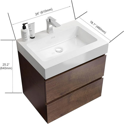 24" Floating Bathroom Vanity with Sink, Modern Bathroom Cabinet with Top and Soft Close Drawers, Spacious Storage for Small Space, Walnut - Lavanda Collection