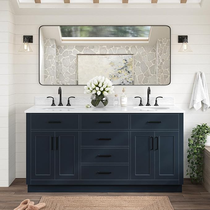 ARIEL Hepburn 66-inch Bathroom Vanity with Sink,Solid Wood, 0.75-inch Italian Carrara Marble Countertop, Double Oval Porcelain Sink, 4 Soft Closing Doors, 6 Dovetail Drawers, Midnight Blue