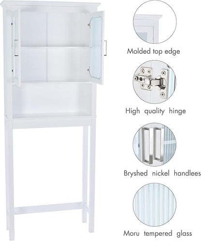 Spirich Over The Toilet Cabinet for Bathroom Storage, Above Toilet Storage Cabinet with Moru Tempered Glass Doors, White