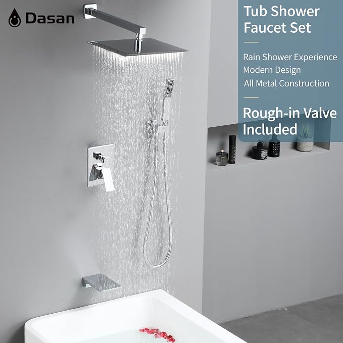 DASAN Tub Shower Faucets Sets Complete Bathtub Shower System with Waterfall Tub Spout, Chrome Bathtub Faucet Set Tub and Shower Faucet Combo Trim Kit with Valve, DA-SS04PC-S10W