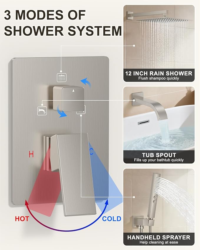 Brushed Nickel Shower System with Tub Spout, Wall Mounted Bathtub Shower Faucet Set, 12" Rainfall Shower Head and Handheld Shower Combo, High Pressure Shower Fixtures Set with Rough-in Valve