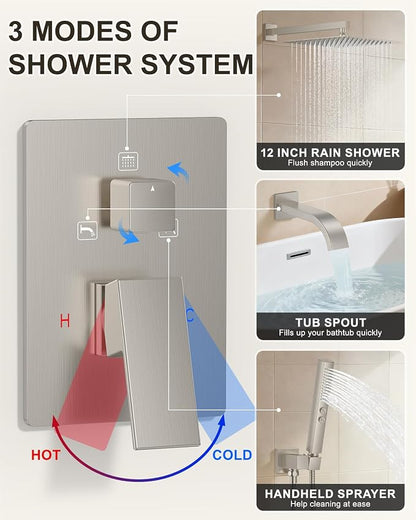 Brushed Nickel Shower System with Tub Spout, Wall Mounted Bathtub Shower Faucet Set, 12" Rainfall Shower Head and Handheld Shower Combo, High Pressure Shower Fixtures Set with Rough-in Valve