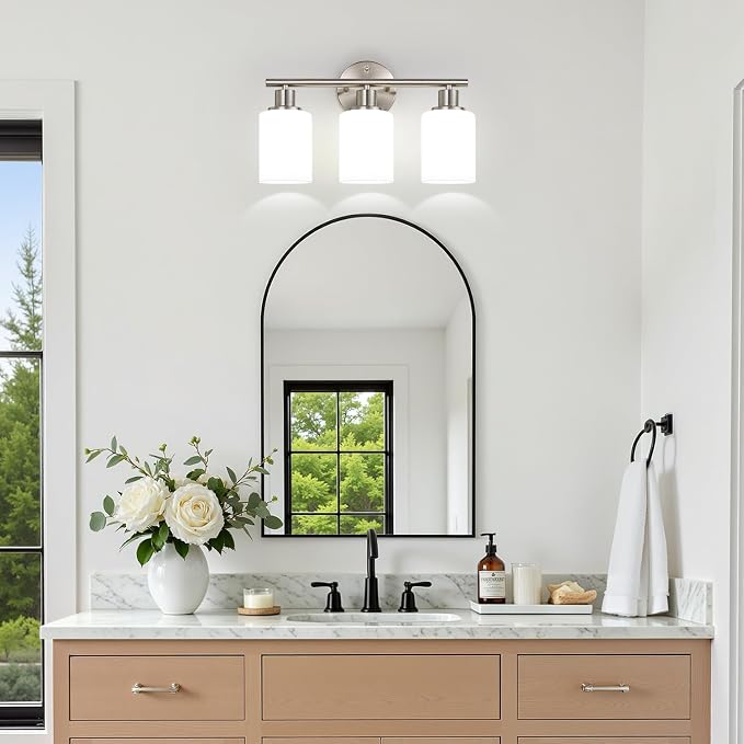 Zarbitta 3-Light Bathroom Light Fixtures, Brushed Nickel Vanity Light, Farmhouse Wall Lights with Milky White Frosted Glass Shades, Bathroom Wall Lamp for Mirror Kitchen Bedroom Hallway Living Room