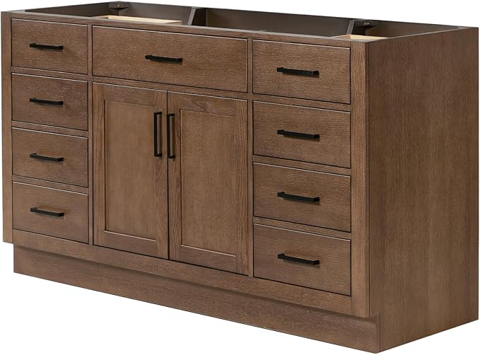 ARIEL Hepburn 60-inch Bathroom Vanity Base Cabinet,Solid Wood, 2 Soft Closing Doors, 9 Dovetail Drawers, Brown Oak