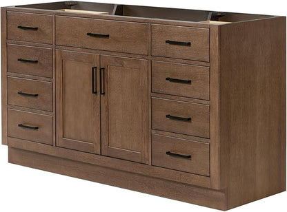 ARIEL Hepburn 60-inch Bathroom Vanity Base Cabinet,Solid Wood, 2 Soft Closing Doors, 9 Dovetail Drawers, Brown Oak