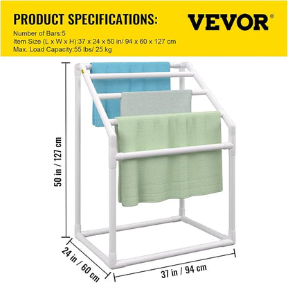 VEVOR Pool Towel Rack, 5 Bar, White, Freestanding Outdoor PVC Trapedozal Poolside Storage Organizer, Include 8 Towel Clips, Mesh Bag, Hook, Also Stores Floats and Paddles, for Beach, Swimming Pool