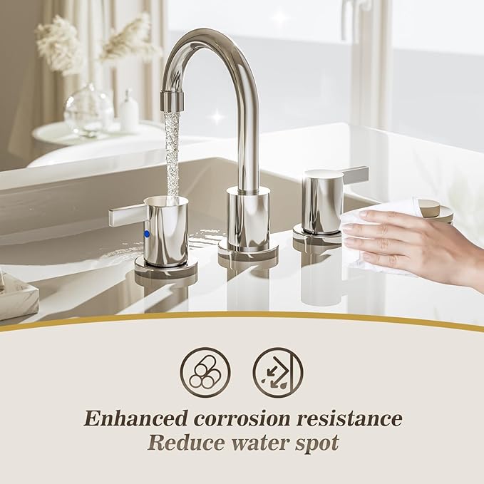 Phiestina Widespread 3 Hole Bathroom Sink Faucet, 8 Inch Chrome Finish, Modern Vanity Faucet with Metal Pop Up Drain, WF015-1-C