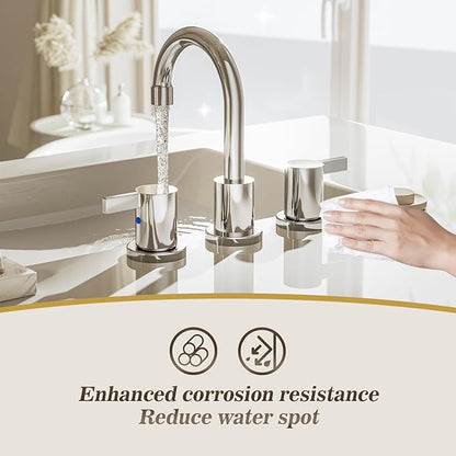 Phiestina Widespread 3 Hole Bathroom Sink Faucet, 8 Inch Chrome Finish, Modern Vanity Faucet with Metal Pop Up Drain, WF015-1-C