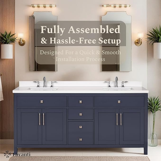 Lavanti Oakford 72 Inch Bathroom Vanity with Sink – Stylish Navy Blue Vanity Bathroom with Storage Cabinet – Modern Bathroom Vanities with Double Vanity Sink & Quartz Countertop