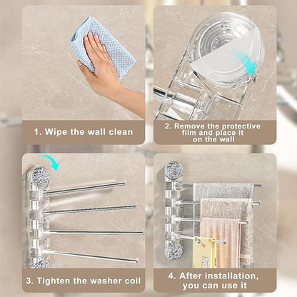 Swivel Towel Bar - Strong Suction Cup Stainless Steel 4 Arm, Folding Bathroom & Kitchen Towel Rack, Wall Mounted, Nail Free Installation