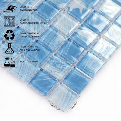 8PC Glass Mosaic Pool Tile, Blue Waterproof Floor & Wall Tiles for Bathroom | Heat & frost resistant for Kitchen Backsplash & outdoors. Mesh-mounted easy install. Easy clean. 8 Sq.ft Blue Crystal