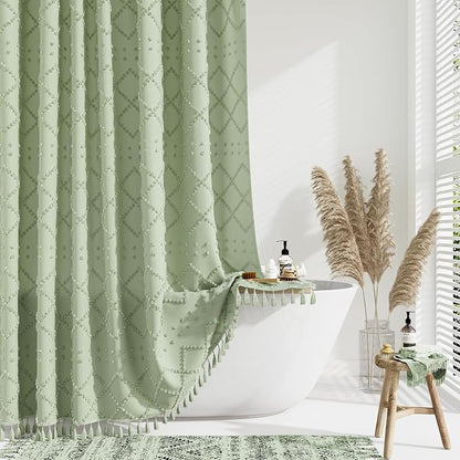 Stall Boho Shower Curtain Tufted Geometric 54"x78" Sage Green | 54 x 78 inch Long, Elegant Tassel, Lightweight Textured Fabric, Water Repellent, Washable, for Narrow Bathroom/Dorm 10 Hooks