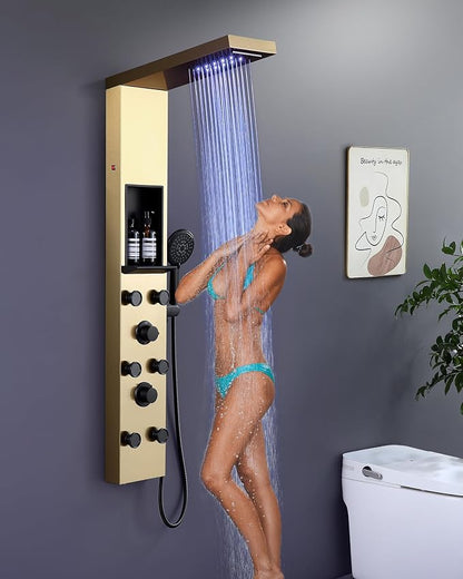 ROVATE LED Rainfall Waterfall Shower Panel Tower with Shelf, Brushed Gold | Powerful Stainless Steel Shower Column with 6 Angle Adjustable Body Massage Jets, Self-Cleaning 5-Setting Handheld