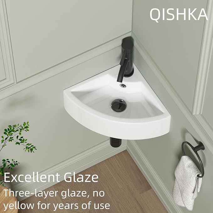 Wall Mount Corner Bathroom Sink, QISHKA 13" X 13" Triangle Floating Ceramic Wash Hand Basin Small White Wall Mount Vanity Sink with Single Faucet Hole and Overflow