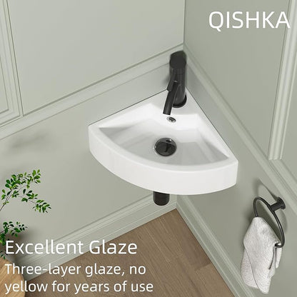 Wall Mount Corner Bathroom Sink, QISHKA 13" X 13" Triangle Floating Ceramic Wash Hand Basin Small White Wall Mount Vanity Sink with Single Faucet Hole and Overflow