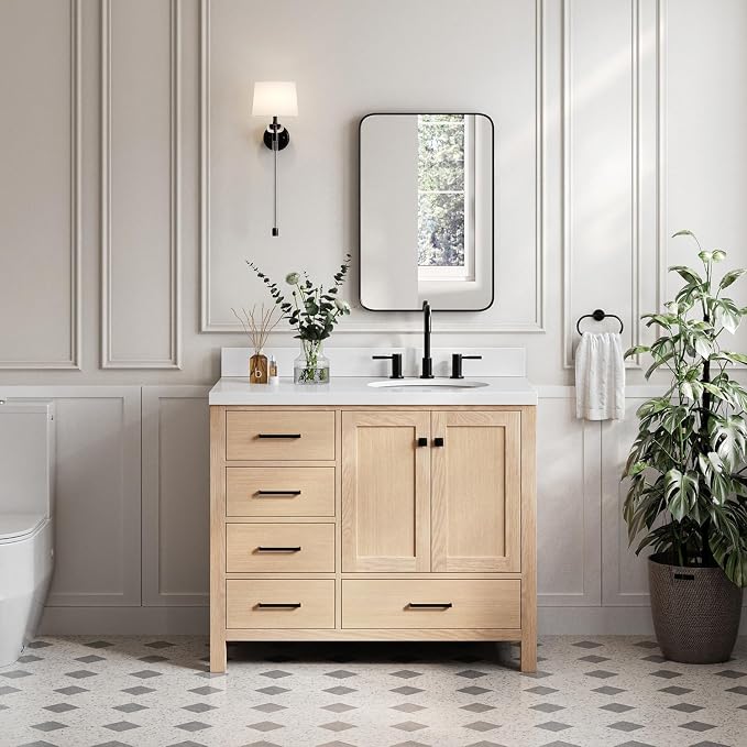 ARIEL Cambridge 42-inch Bathroom Vanity Base Cabinet,Solid Wood, 2 Soft Closing Doors, 5 Dovetail Drawers, White Oak