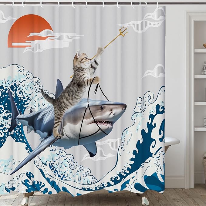 Funny Cute Cat Shower Curtains,Japan Cat Shark with Ocean Sea Wave Shower Curtain for Bathroom,Japanese Cool Fabric Shower Curtain Set with Hooks Bath Decoration 72X72inches