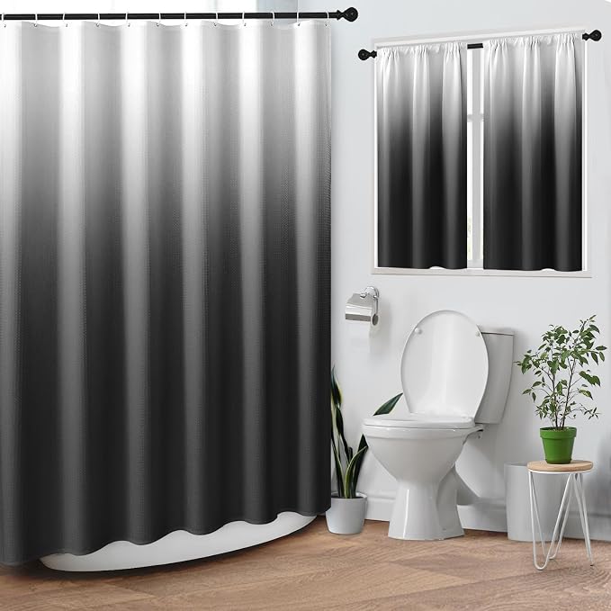 Shower Curtain Set, for Bathroom Decor 72" x 72", Modern Gradient | Ombre Waffle Textured Waffle Textured Cloth Waterproof Matching Window Shower Curtain 36 x 30 Inches