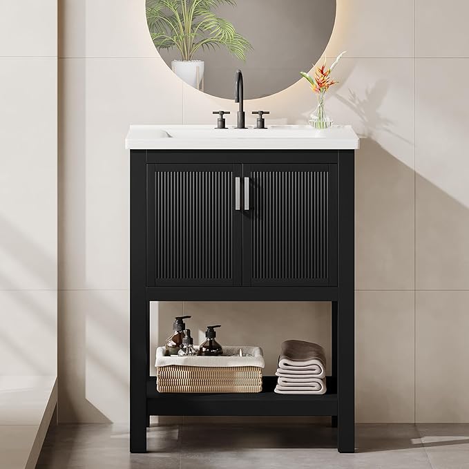 Tribesigns 24" Bathroom Vanity with Sink, Solid Wooden Frame Freestanding Vanity with Ceramic Porcelain Basin, 2-Door Storage Cabinet & Open Shelf for Small Bathroom, Industrial, Black