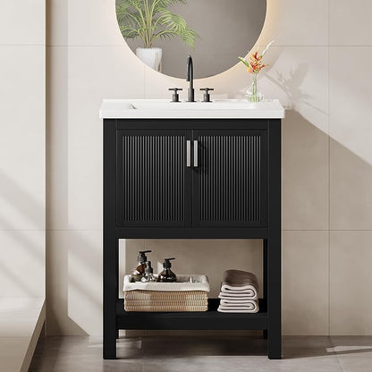 Tribesigns 24" Bathroom Vanity with Sink, Solid Wooden Frame Freestanding Vanity with Ceramic Porcelain Basin, 2-Door Storage Cabinet & Open Shelf for Small Bathroom, Industrial, Black