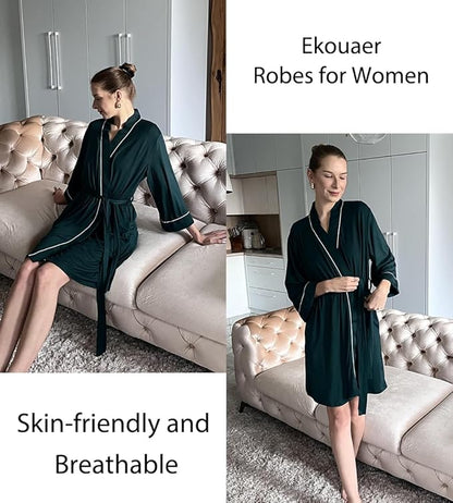 Ekouaer Women Kimono Robes Knee Length Knit Bathrobe Lightweight Soft Sleepwear V-neck Casual Ladies Loungewear