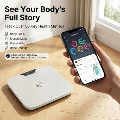 Premium Smart Digital Body Weight Scale - 8 Electrodes – 56+Metrics -Rechargeable- WiFi & Bluetooth - Full Body Analysis -Track Body Fat, Muscle Mass, Fat Percentage, Sleek Design