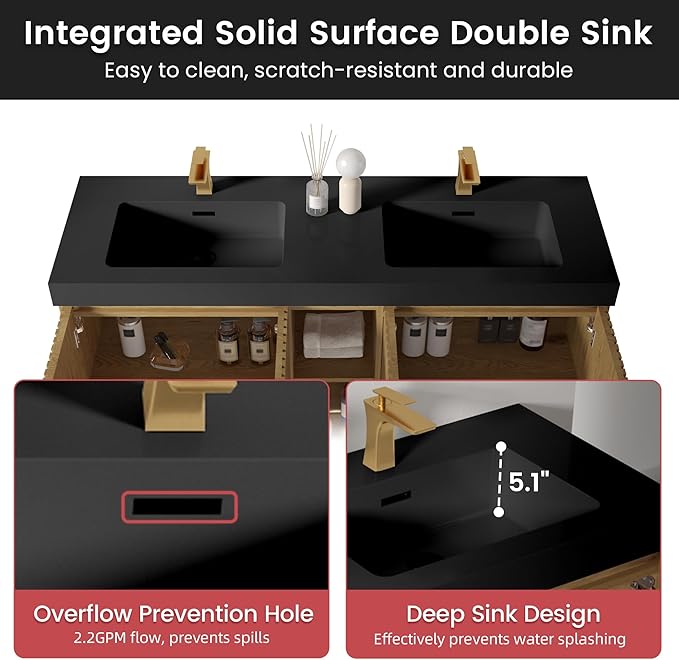 60" Bathroom Vanity with Double Sink, Freestanding Double Sink Bathroom Vanity with Black Engineered Stone Top, Open Storage Cabinet & Adjustable Shelf, 4 Soft-Closing Doors, Light Oak