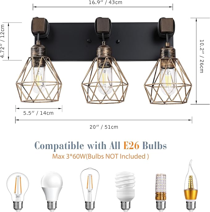 VbiTmn Black Gold Bathroom Light Fixtures, 3-Light Farmhouse Vanity Light | Wood Vanity Lights, Rustic Wall Mount Over Mirror for Bedroom & Hallway, Easy to Install, Sturdy Build for Bathroom Use