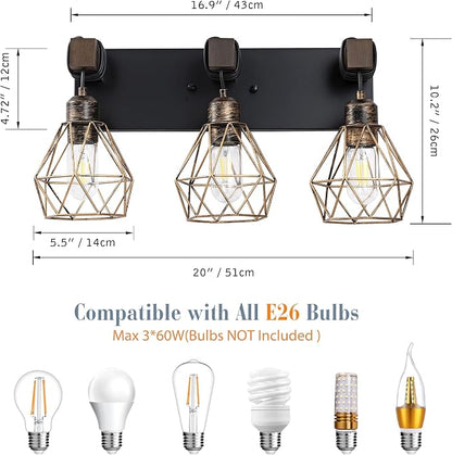 VbiTmn Black Gold Bathroom Light Fixtures, 3-Light Farmhouse Vanity Light | Wood Vanity Lights, Rustic Wall Mount Over Mirror for Bedroom & Hallway, Easy to Install, Sturdy Build for Bathroom Use