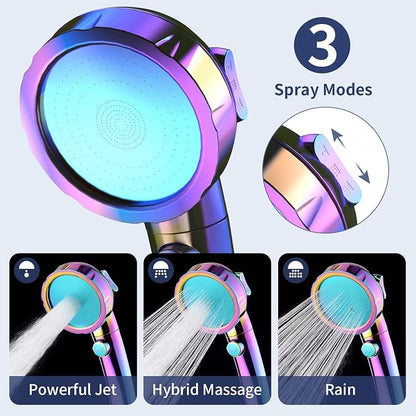 HANLIAN On/Off High Pressure Handheld Shower Head for RV Camper | 3 Spray Modes Shower Head with Pause Button, Water Saving Shower Head with Hose and Self-adhesive Holder(Radiant Rainbow)