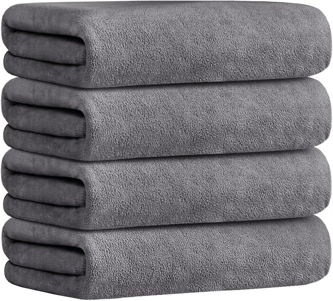 JML Microfiber Bath Towel Set, 27" x 55", 4 Pack, Grey | Hanging Loop, Super Absorbent, Fast Drying Bathroom Towel for Hair, Swimming, Fitness, Sport, Yoga