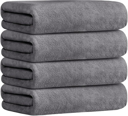 JML Microfiber Bath Towel Set, 27" x 55", 4 Pack, Grey | Hanging Loop, Super Absorbent, Fast Drying Bathroom Towel for Hair, Swimming, Fitness, Sport, Yoga