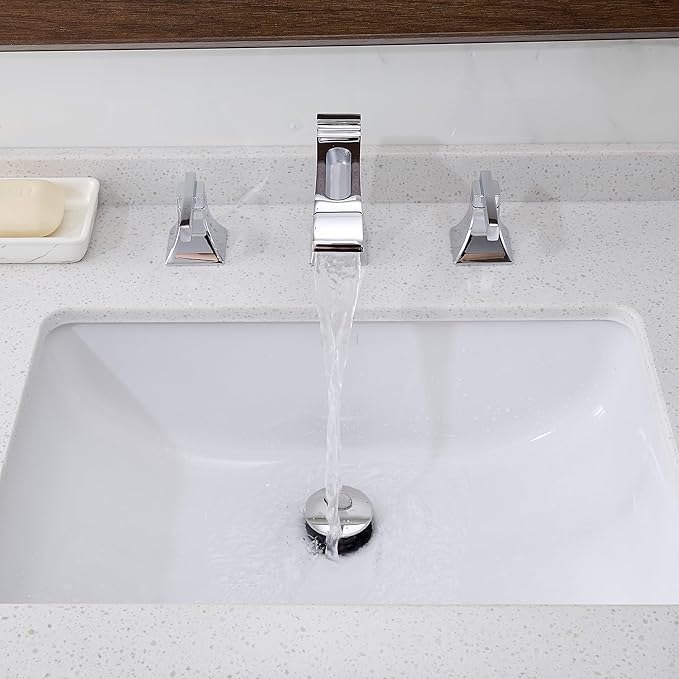 Chrome Bathroom Faucet 3 Hole, Brass Waterfall 8 Inch Widespread Bathroom Sink Faucet with Pop-up Drain, Pre-Installed Supply Hoses, 2 Handles for Vanity, Lavatory, Modern Hollowed Spout