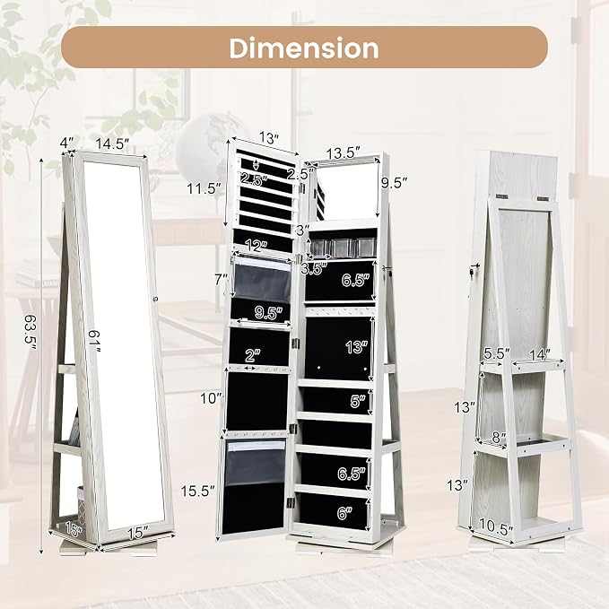 GOFLAME 360° Rotating Jewelry Armoire, Lockable Jewelry Cabinet with Full-Length Mirror & Inner Makeup Mirror, Standing Jewelry Storage Organizer with Rear Storage Shelves, White