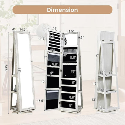 GOFLAME 360° Rotating Jewelry Armoire, Lockable Jewelry Cabinet with Full-Length Mirror & Inner Makeup Mirror, Standing Jewelry Storage Organizer with Rear Storage Shelves, White