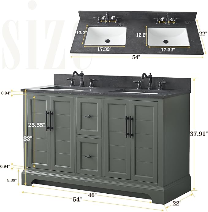 Vanity Art 54 Inch Double Sink Bathroom Vanity with Ceramic Sink and Stone Top | Undermount Rectangular Sink Cabinet Soft Closing Doors, Dovetailed Drawers, No Mirror VA5054-VG