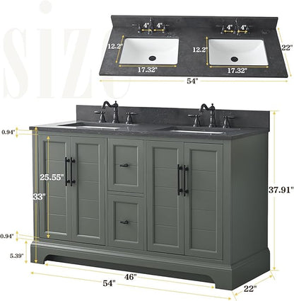 Vanity Art 54 Inch Double Sink Bathroom Vanity with Ceramic Sink and Stone Top | Undermount Rectangular Sink Cabinet Soft Closing Doors, Dovetailed Drawers, No Mirror VA5054-VG