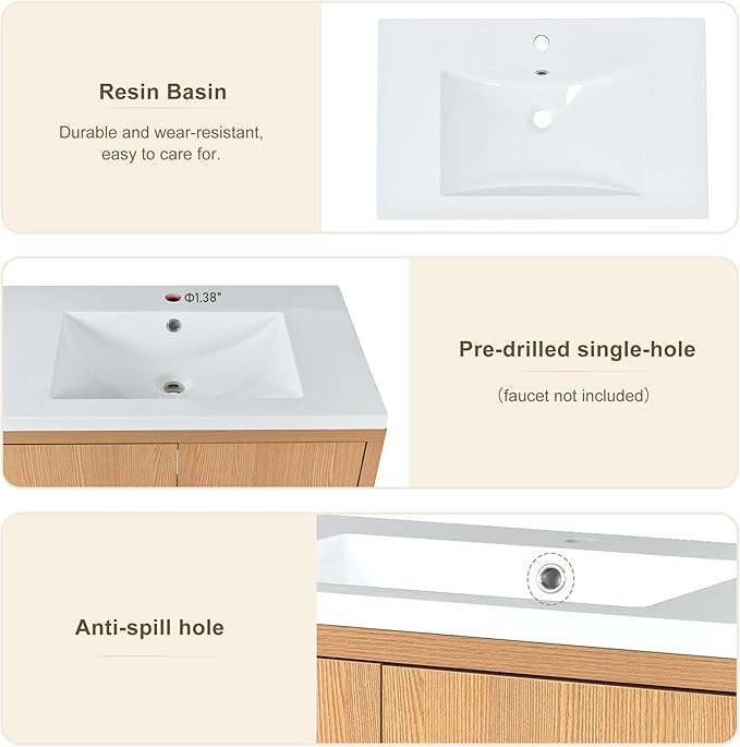 Favfurish 30" Bathroom Vanity with Resin Sink,Undermount Single Basin Bath Vanity Set w/2 Soft Closing Doors,Transitional Freestanding Storage Cabinet,Solid Wood Frame,Burly Wood