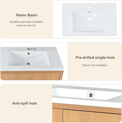 Favfurish 30" Bathroom Vanity with Resin Sink,Undermount Single Basin Bath Vanity Set w/2 Soft Closing Doors,Transitional Freestanding Storage Cabinet,Solid Wood Frame,Burly Wood