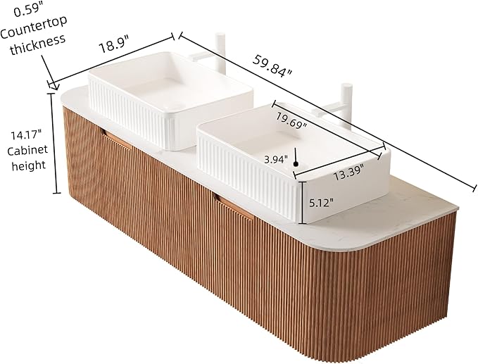 60'' Bathroom Vanities Cabinet with Sink, Wall Mounted Floating Cabinet W/Curved Edges Stripes, Oak Plywood, Soft-Close System with 2 Drawer & White Rectangular Ceramic Basin - Kiel, Natural Wood/W
